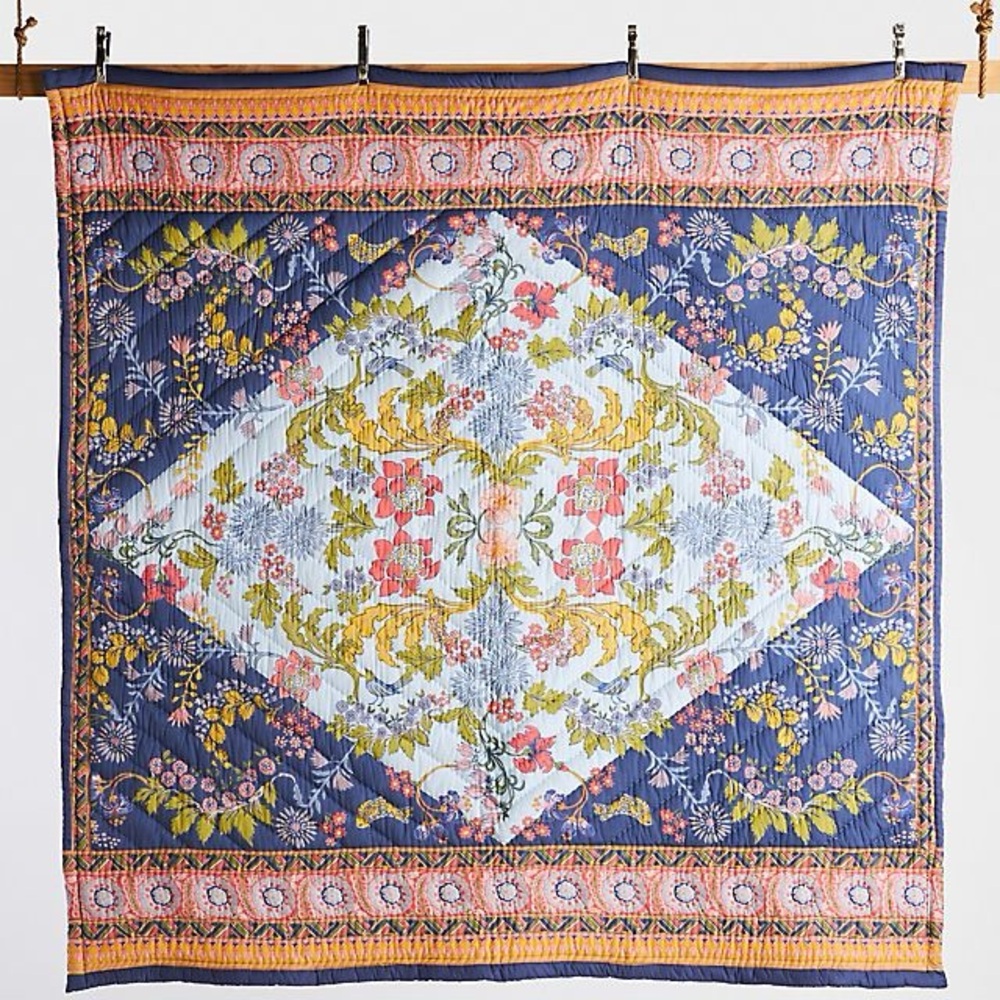 Anthropologie Carmen Cotton Handcrafted Floral Quilt King: 96"L x 104"W NWT - Picture 2 of 3